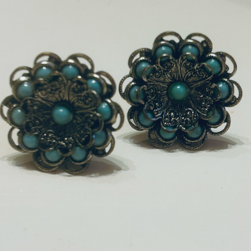 Vintage 1950s/60s Silver + Turquoise Screw-On Clip Earrings  Midcentury/Retro
